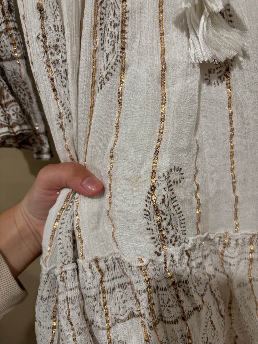 Boho Tassel Tie V-Neck Women’s Dress in Cream and Brown - Picture 5 of 6